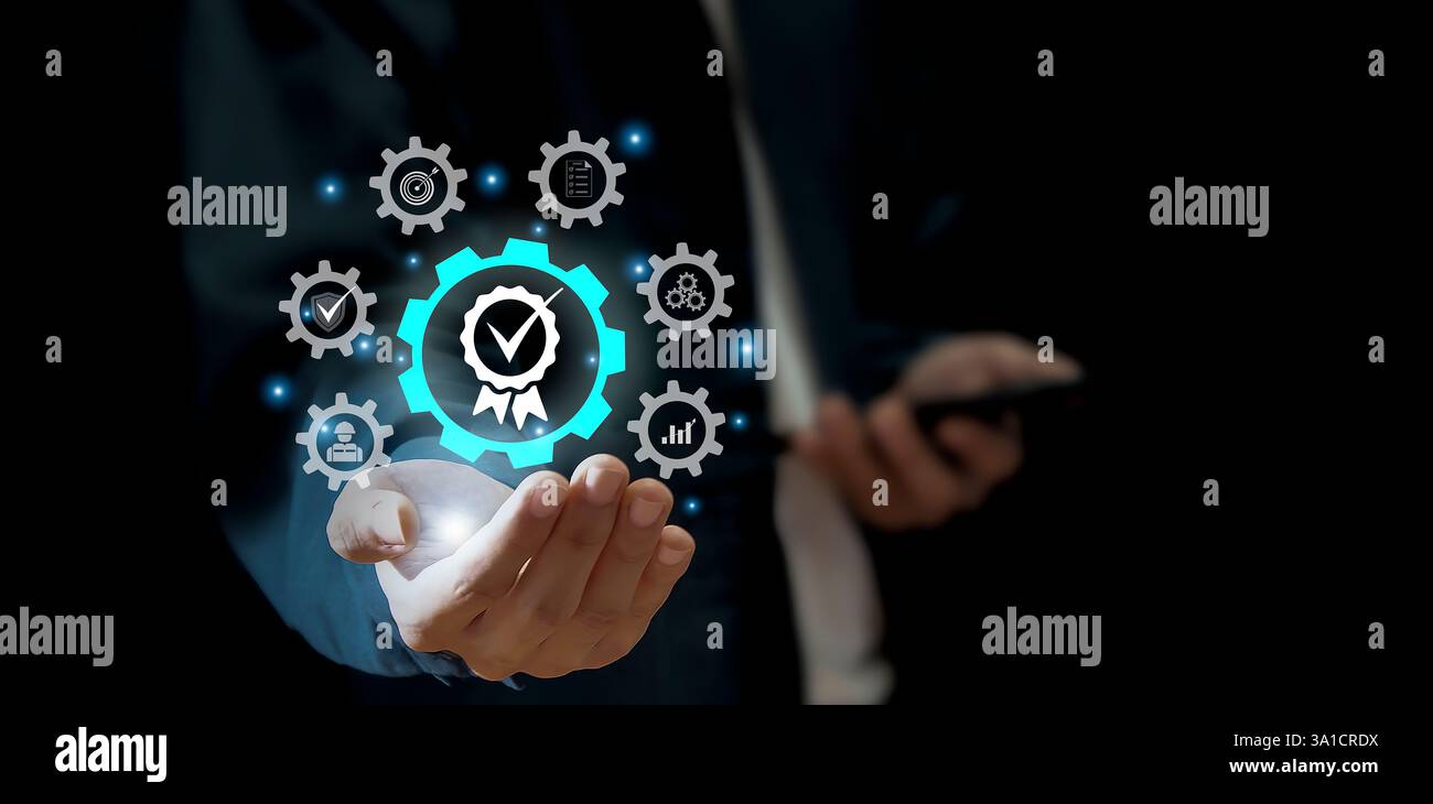 Certificazione e standard certificazione ISO, standard internazionali, concetto di garanzia della qualità Foto Stock