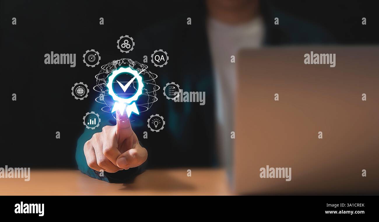 Certificazione e standard certificazione ISO, standard internazionali, concetto di garanzia della qualità Foto Stock