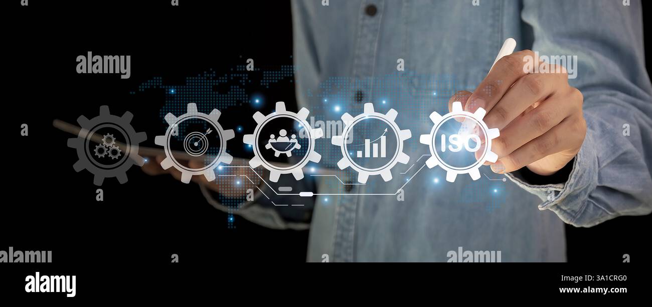 Certificazione e standard certificazione ISO, standard internazionali, concetto di garanzia della qualità Foto Stock