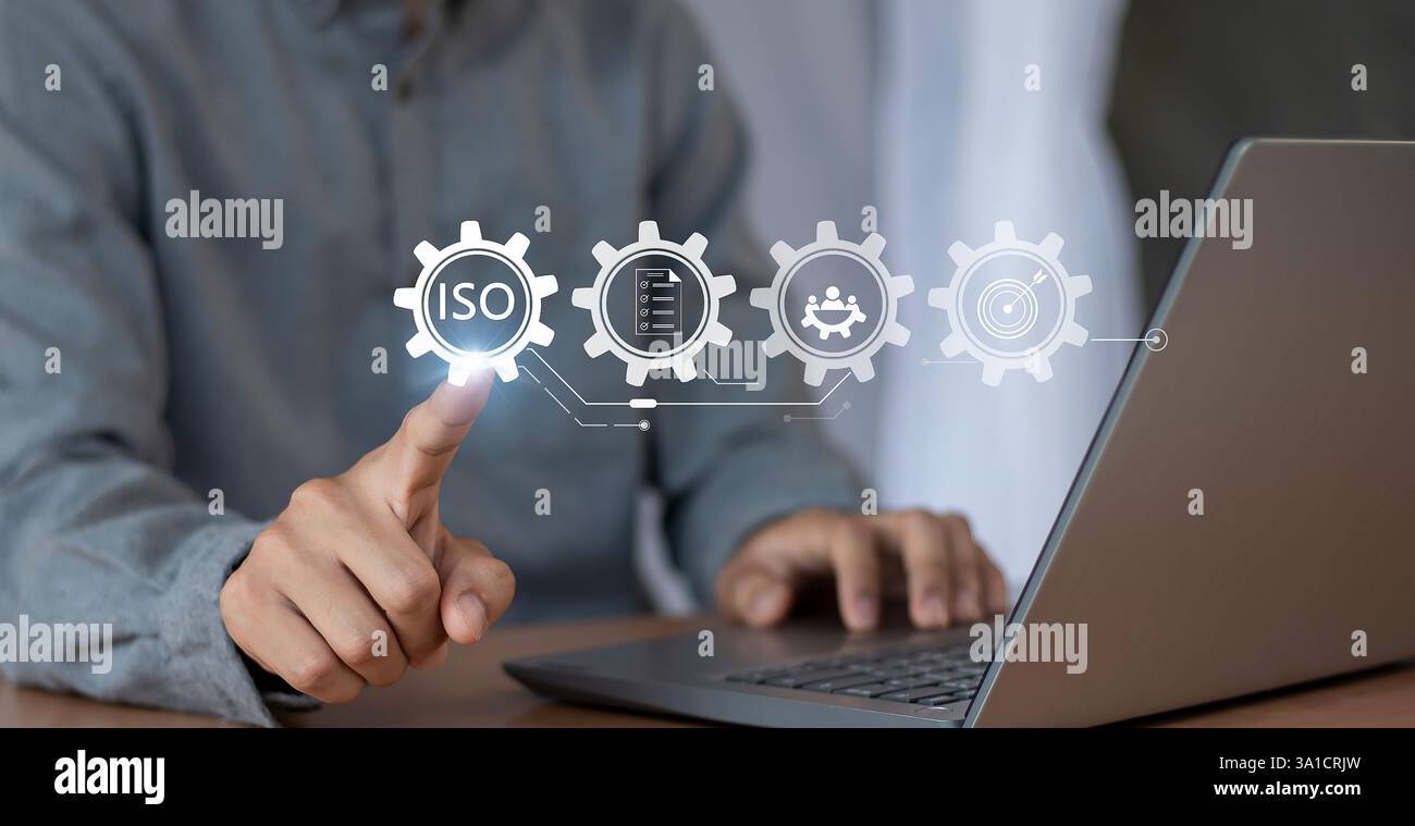 Certificazione e standard certificazione ISO, standard internazionali, concetto di garanzia della qualità Foto Stock