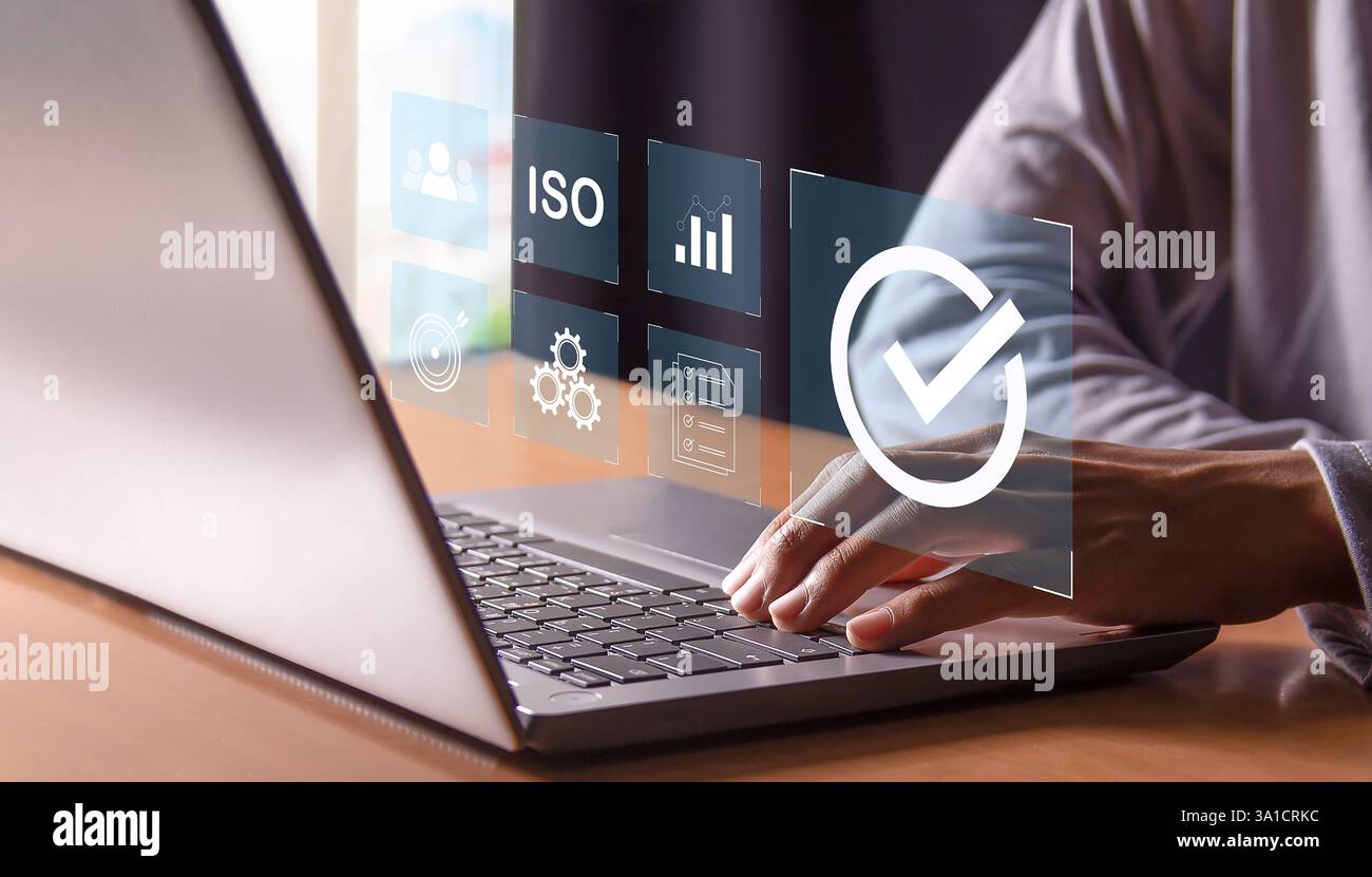 Certificazione e standard certificazione ISO, standard internazionali, concetto di garanzia della qualità Foto Stock