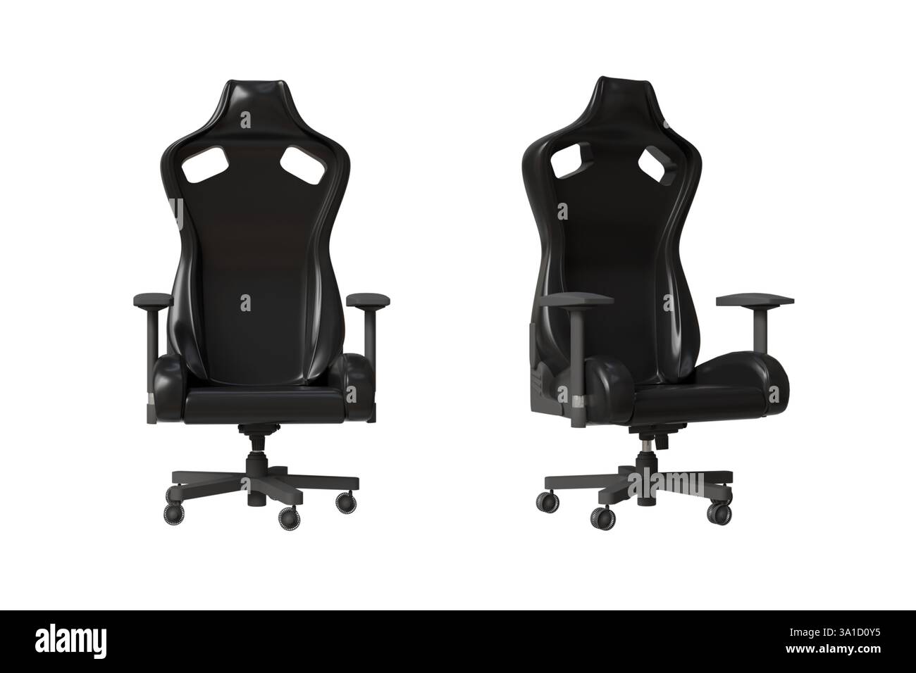 Modello 3D di una sedia da gioco per computer nera su sfondo bianco, modello 3D di una sedia Foto Stock