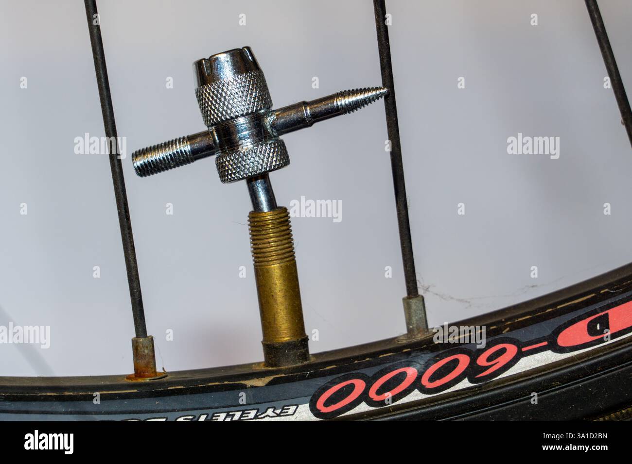 Primo piano di un attrezzo di rimozione dello stelo della valvola in metallo che gonfia o sgonfia gli pneumatici utilizzati su veicoli come auto e bici da corsa. Foto Stock