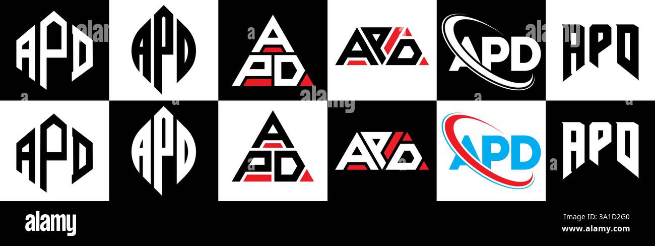Logo APD Letter in sei stili. Poligono APD, cerchio, triangolo, esagono, piatto e semplice con logo lettera di variazione colore bianco e nero Illustrazione Vettoriale