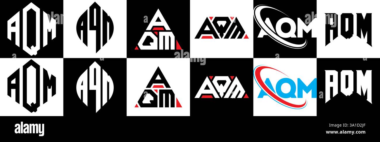 Logo lettera AQM in sei stili. Poligono AQM, cerchio, triangolo, esagono, piatto e semplice con logo lettera variazione colore bianco e nero Illustrazione Vettoriale