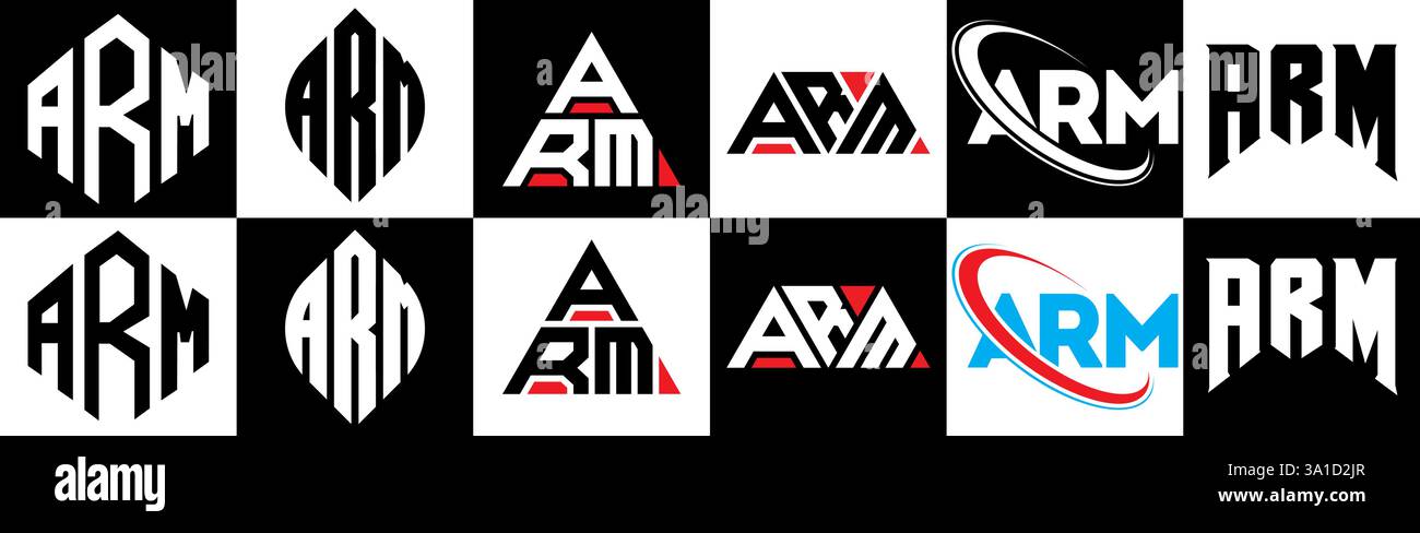 Logo ARM Letter in sei stili. BRACCIO poligono, cerchio, triangolo, esagonale, piatto e semplice con logo lettera di variazione colore bianco e nero Illustrazione Vettoriale