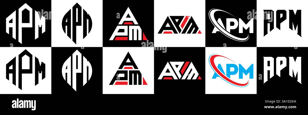 Logo APM Letter in sei stili. Poligono APM, cerchio, triangolo, esagono, piatto e semplice con logo lettera variazione colore bianco e nero Illustrazione Vettoriale