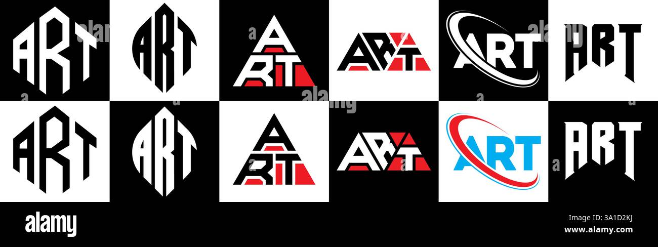 Design con logo ART Letter in sei stili. Poligono, cerchio, triangolo, esagono, piatto e semplice con logo lettera variazione colore bianco e nero Illustrazione Vettoriale