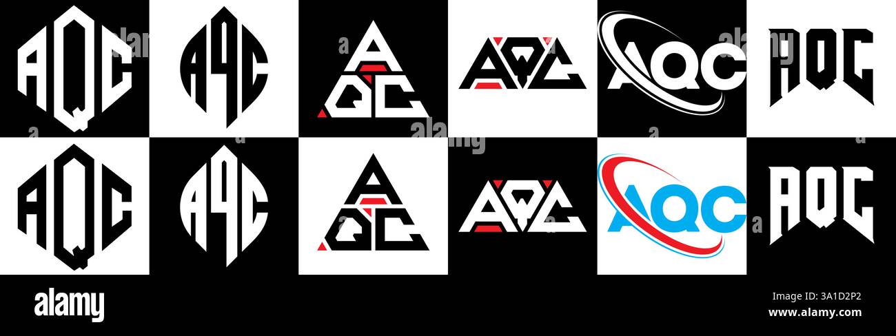 Design con logo AQC Letter in sei stili. Poligono AQC, cerchio, triangolo, esagono, piatto e semplice con logo lettera variazione colore bianco e nero Illustrazione Vettoriale