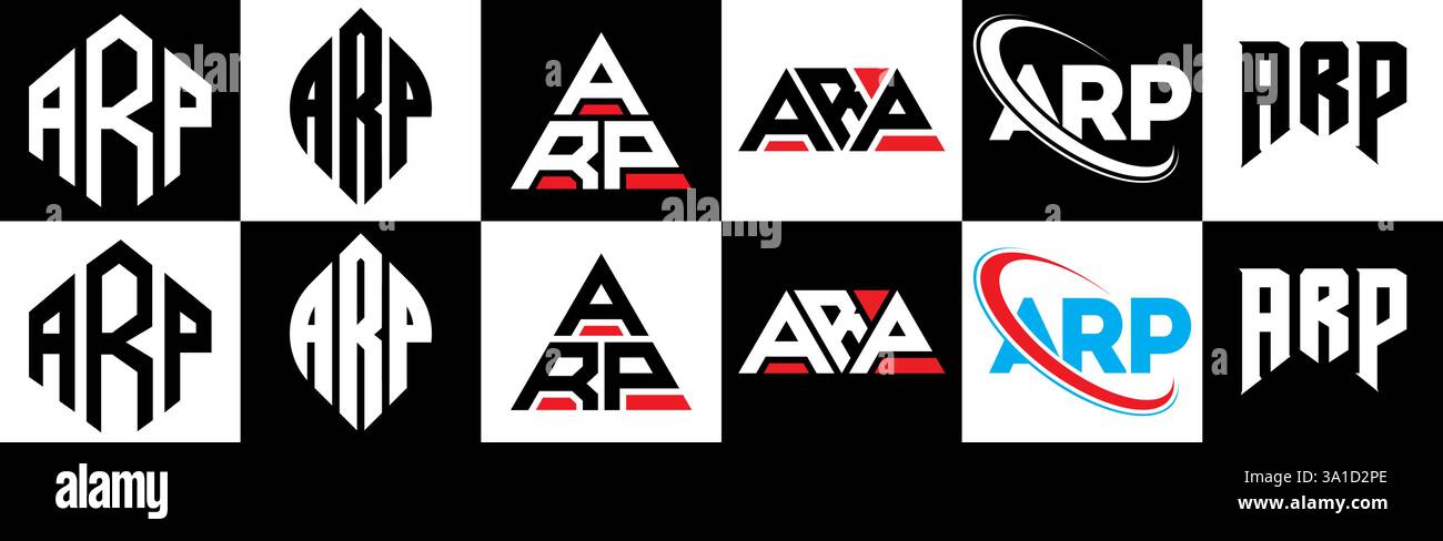 Logo ARP Letter in sei stili. Poligono, cerchio, triangolo, esagono, piatto e semplice con logo lettera variazione colore bianco e nero Illustrazione Vettoriale