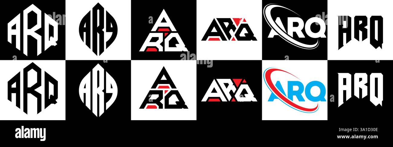 Logo ARQ Letter in sei stili. Poligono, cerchio, triangolo, esagono, piatto e semplice con logo lettera variazione colore bianco e nero Illustrazione Vettoriale