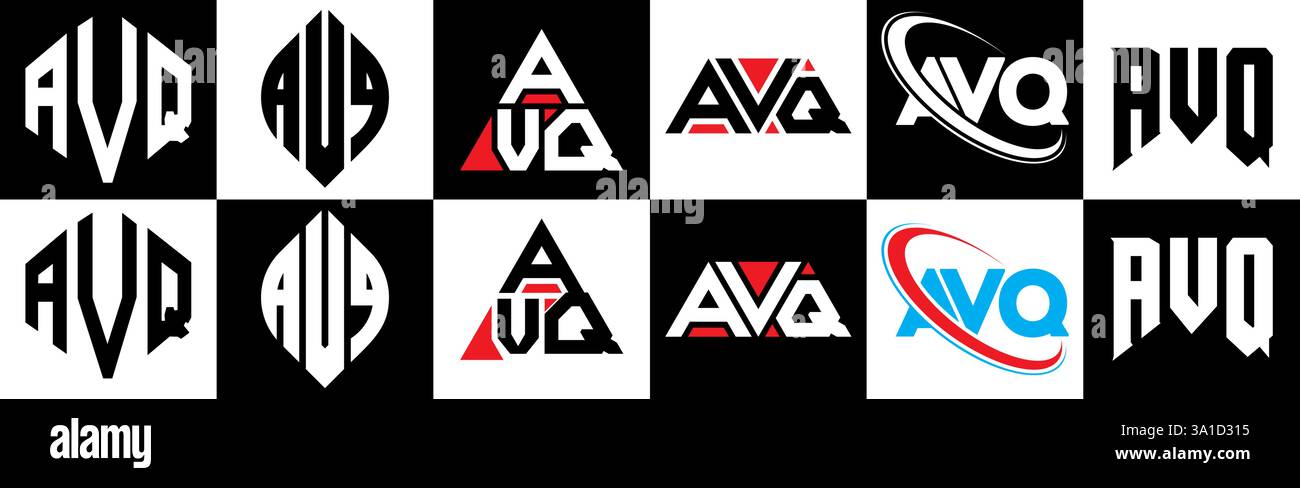 Design con logo AVQ Letter in sei stili. Poligono, cerchio, triangolo, esagono, piatto e semplice con logo lettera variazione colore bianco e nero Illustrazione Vettoriale