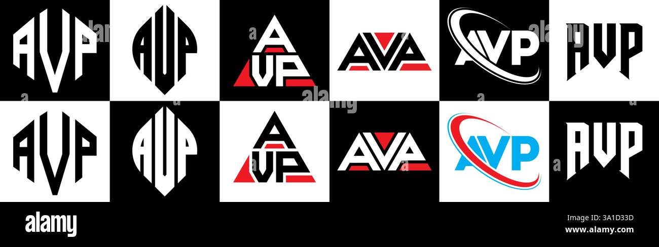 Design con logo AVP Letter in sei stili. Poligono AVP, cerchio, triangolo, esagono, piatto e semplice con logo lettera variazione colore bianco e nero Illustrazione Vettoriale