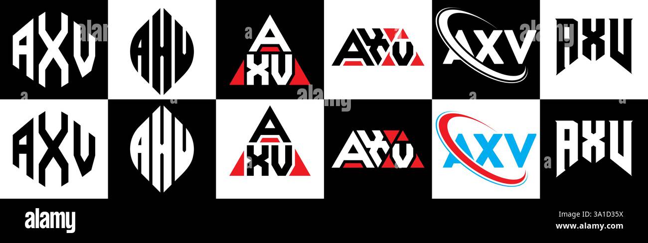Logo lettera AXV in sei stili. Poligono AXV, cerchio, triangolo, esagono, stile semplice e piatto con logo lettera variazione colore bianco e nero Illustrazione Vettoriale