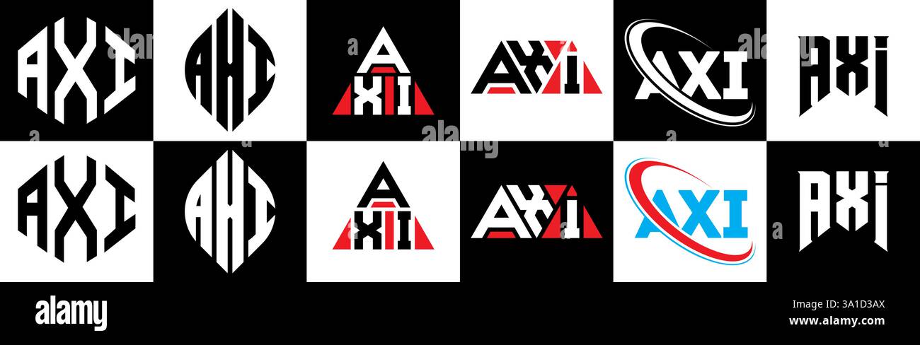 Design con logo AXILETTER in sei stili. Poligono ASSIALE, cerchio, triangolo, esagono, piatto e semplice con logo lettera variazione colore bianco e nero Illustrazione Vettoriale