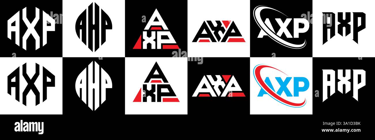 Logo AXP Letter in sei stili. Poligono AXP, cerchio, triangolo, esagono, piatto e semplice con logo lettera variazione colore bianco e nero Illustrazione Vettoriale