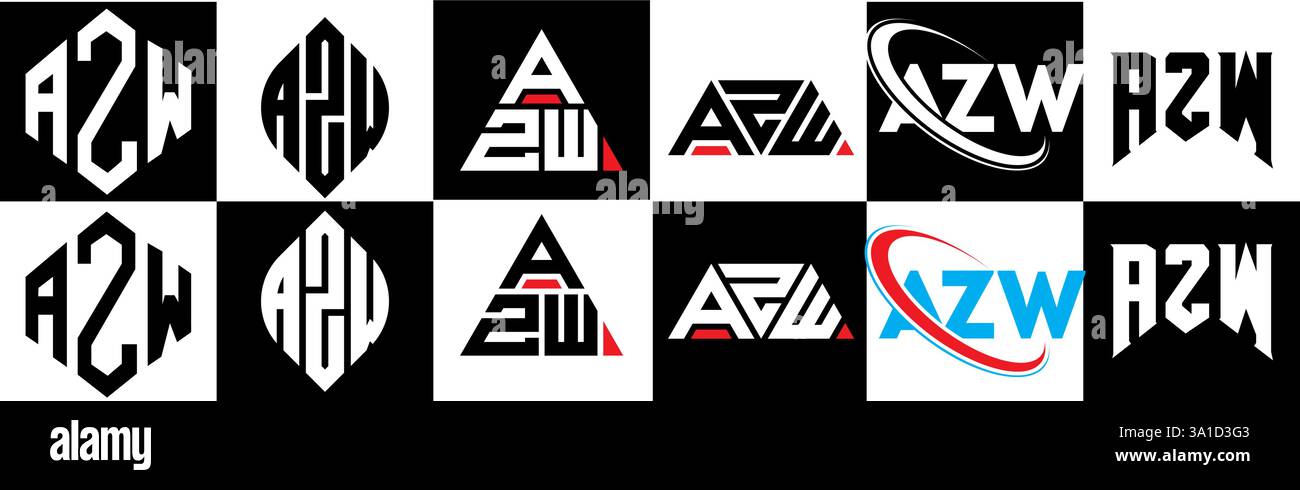 Logo AZW Letter in sei stili. Poligono AZW, cerchio, triangolo, esagono, piatto e semplice con logo lettera variazione colore bianco e nero Illustrazione Vettoriale