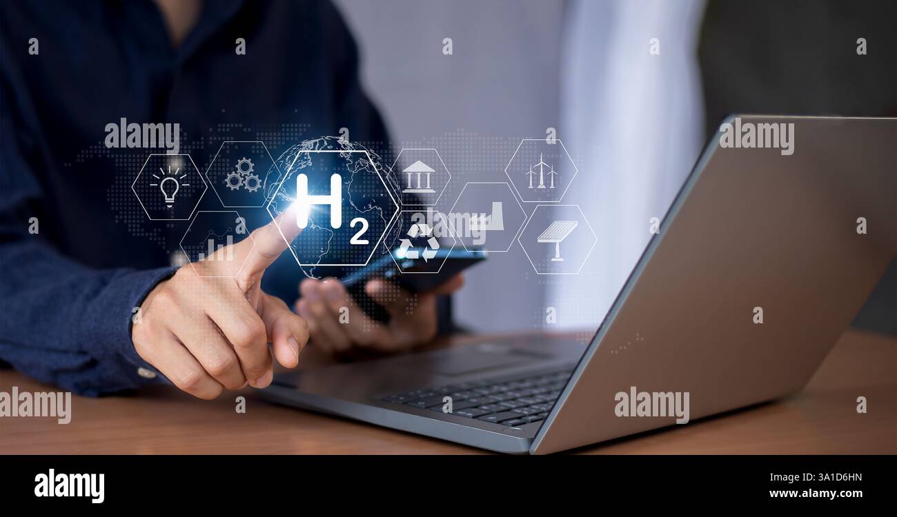 Industrie verdi e energie alternative future soluzioni energetiche rispettose del clima per raggiungere emissioni nette zero, concetti per l'energia pulita a idrogeno. Foto Stock
