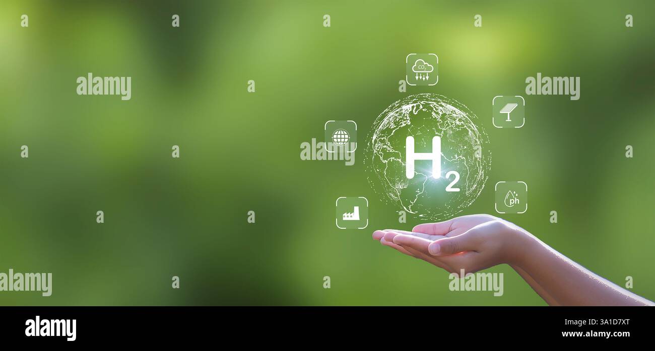 H2 idrogeno, innovazione dell'idrogeno, tecnologia a zero emissioni H2 per ridurre il biossido di carbonio e i gas a effetto serra Foto Stock