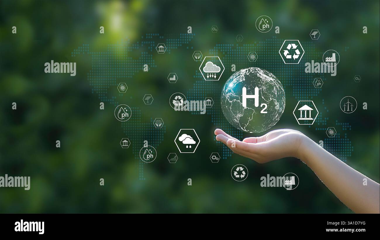 H2 idrogeno, innovazione dell'idrogeno, tecnologia a zero emissioni H2 per ridurre il biossido di carbonio e i gas a effetto serra Foto Stock