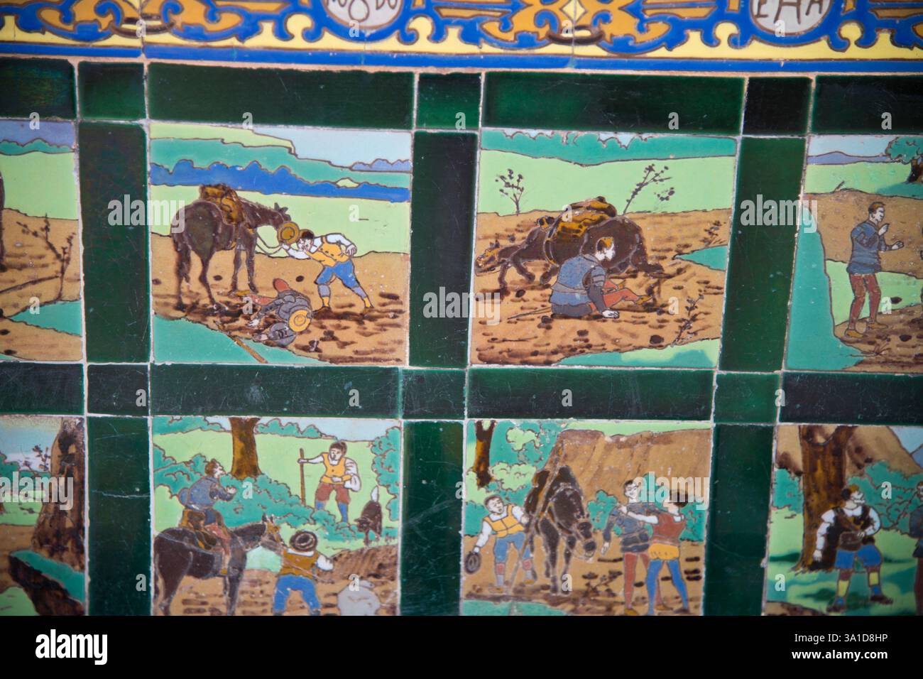 Siviglia, Parchi, Giardini, Cattedrale Giralda, piastrelle Don Kiotey, quartiere vecchio di El Arenal, architettura, Palazzi, alberi d'Orage, Plaza de Espana, la più grande della Spagna Foto Stock