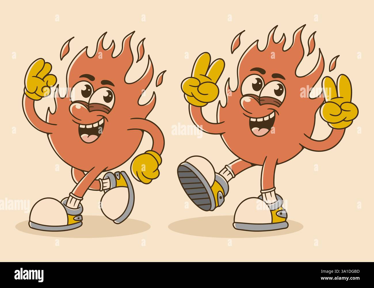 Illustrazione di due allegri personaggi di fiamma con gesti vibranti che trasmettono positività ed energia Illustrazione Vettoriale
