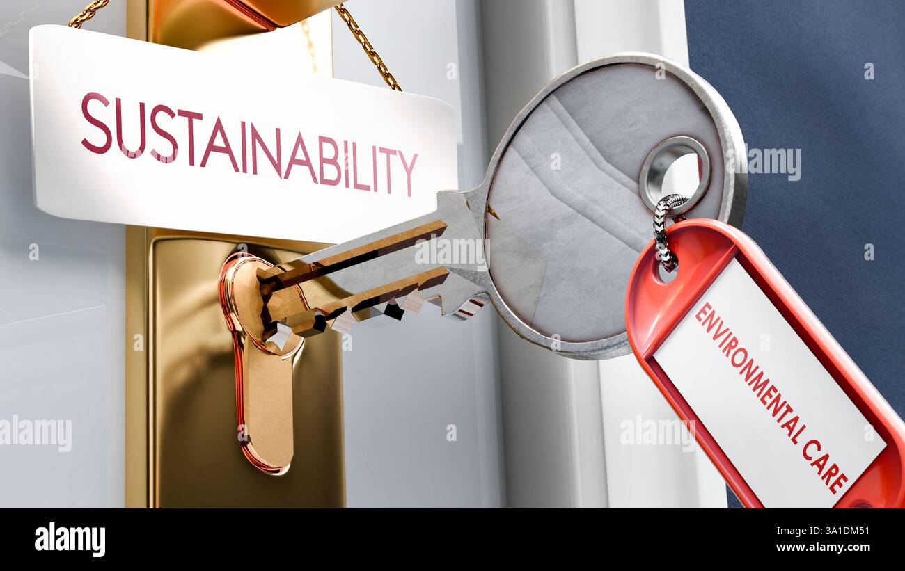 La tutela dell'ambiente porta alla sostenibilità: È una chiave per sbloccare la sostenibilità. Una metafora della chiave della porta Foto Stock
