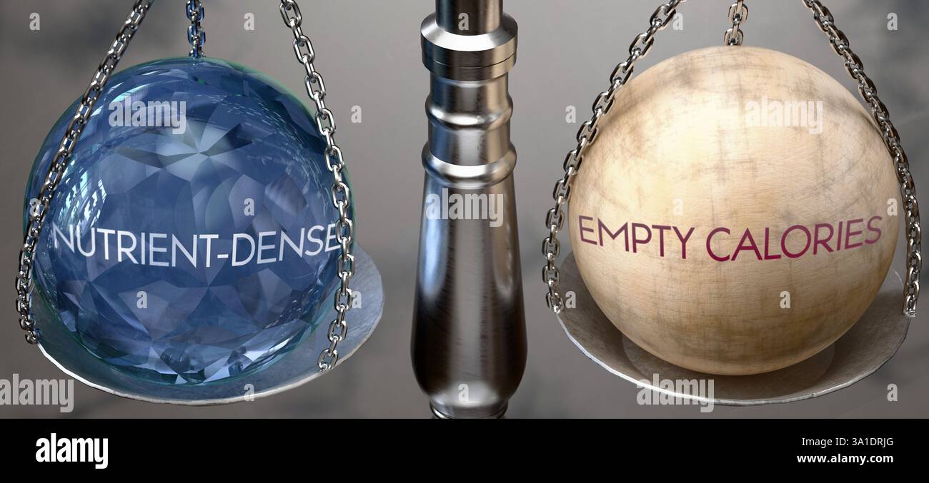 Calorie dense di nutrienti o vuote: Pesano due opzioni, disponibili. Scelta tra calorie dense di nutrienti o vuote. Due portate diverse Foto Stock Calorie dense di nutrienti o vuote: Pesano due opzioni, disponibili. Scelta tra calorie dense di nutrienti o vuote. Due portate diverse Foto Stock