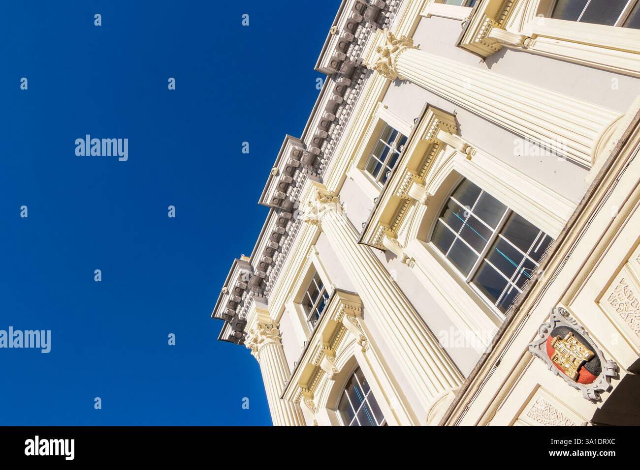 Vista ad angolo basso della facciata dell'edificio neoclassico storico, colonne ornate 83 84 Queen Street exeter, ora sede del toni & Guy & boston Tea Party Cafe uk Foto Stock