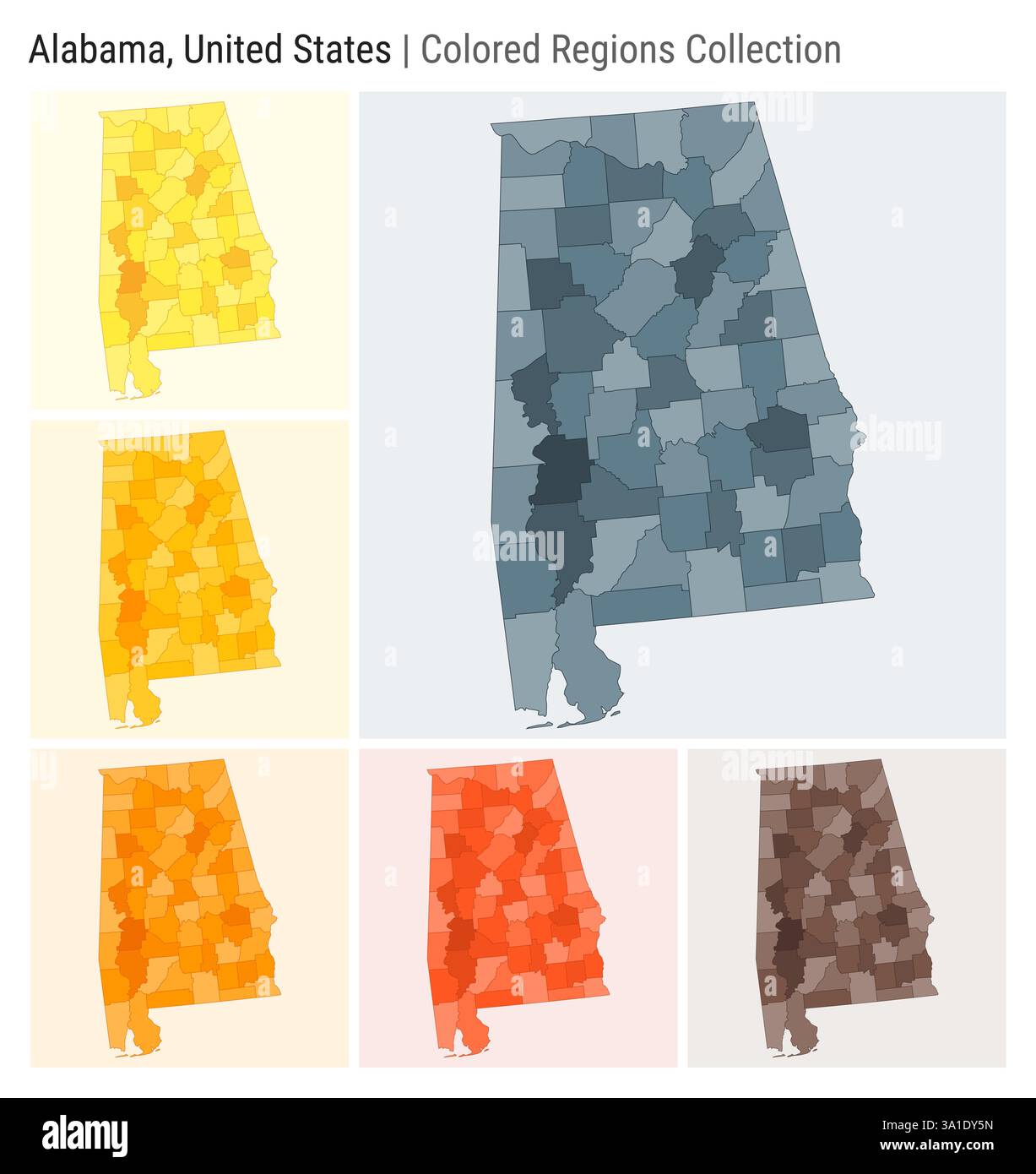 Alabama, Stati Uniti. Raccolta mappe. Stato forma. Contee colorate. Blu grigio, giallo, ambra, arancione, arancione profondo, tavolozze di colore marrone. Illustrazione Vettoriale
