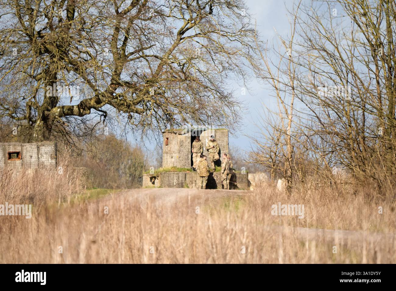I soldati dell'esercito britannico si sono riuniti intorno a un edificio di guardia da pilastri Foto Stock