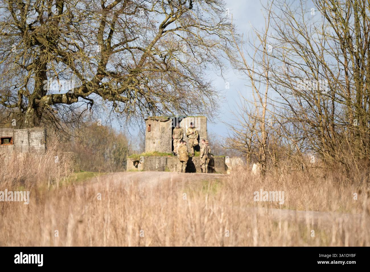 I soldati dell'esercito britannico si sono riuniti intorno a un edificio di guardia da pilastri Foto Stock