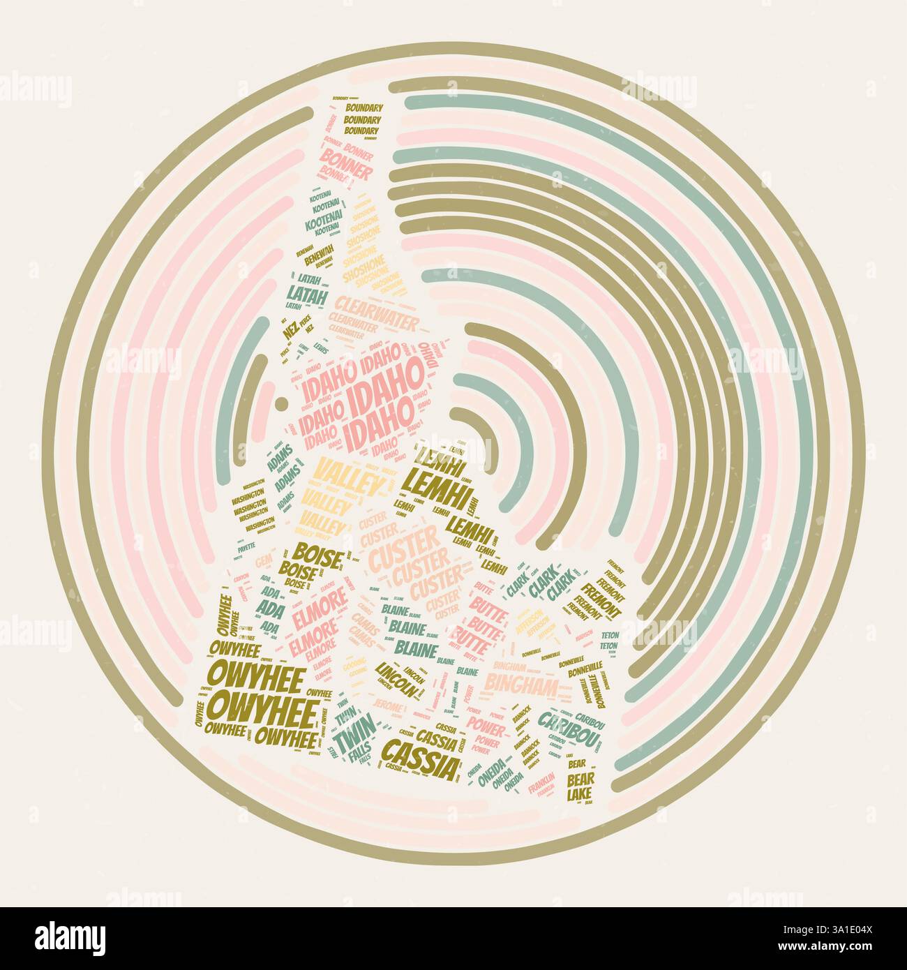 Poster rotondo dell'Idaho. Immagine di stato in stile tipografico. Contee nuvole di parole dell'Idaho. Design vintage con texture graffiante. Illustrazione Vettoriale