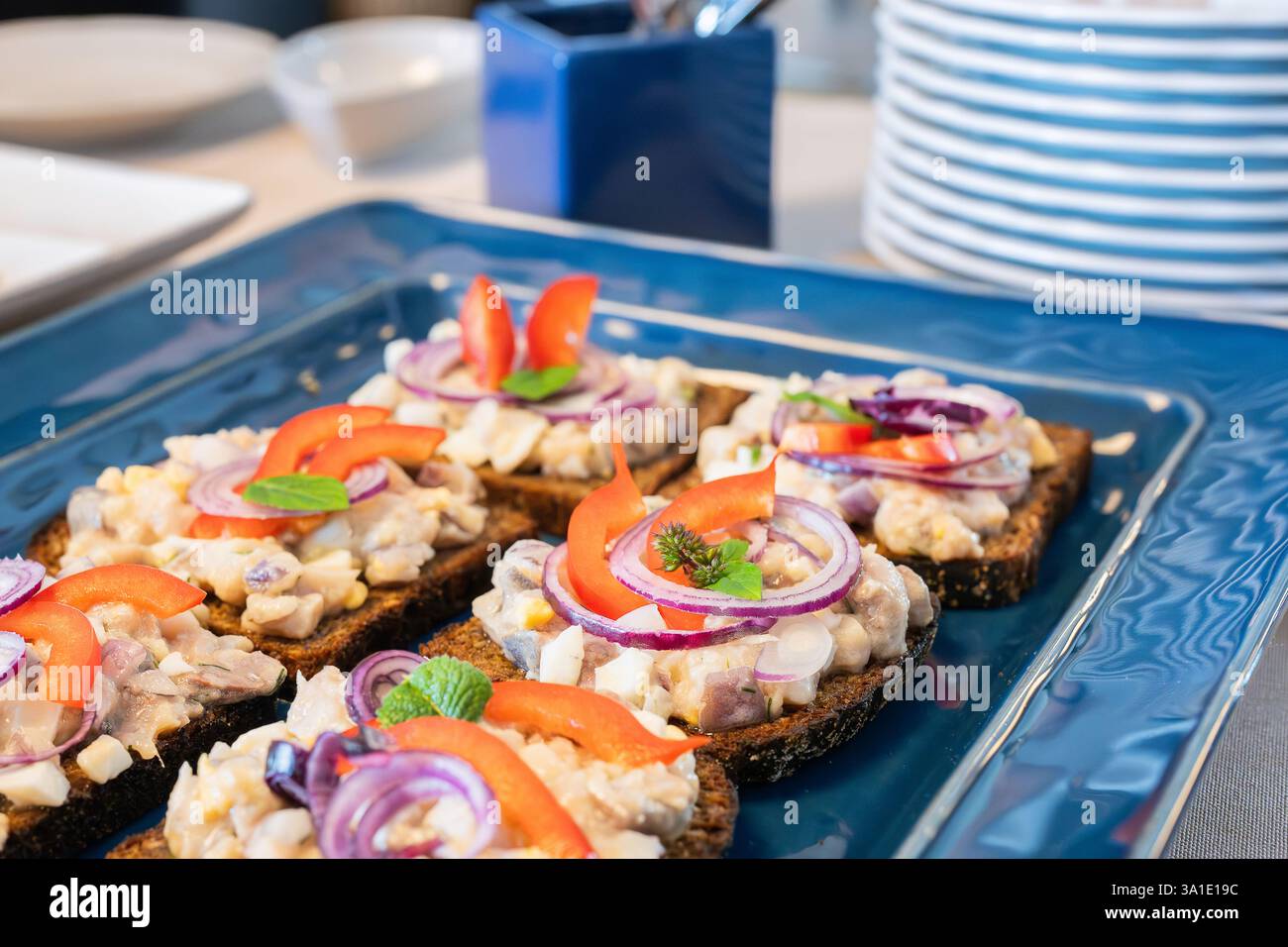 Panini aperti con aringhe, cipolla rossa e paprika. Antipasto, panino aperto con aringhe e cipolla. Pausa caffè, catering per riunioni d'affari. Foto Stock