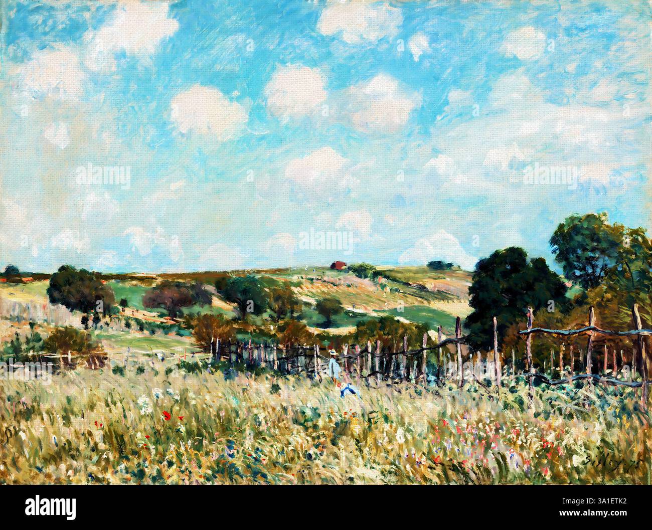 Meadow di Alfred Sisley 1875 Pittura impressionista del paesaggio Arte francese dominio pubblico alta risoluzione Foto Stock