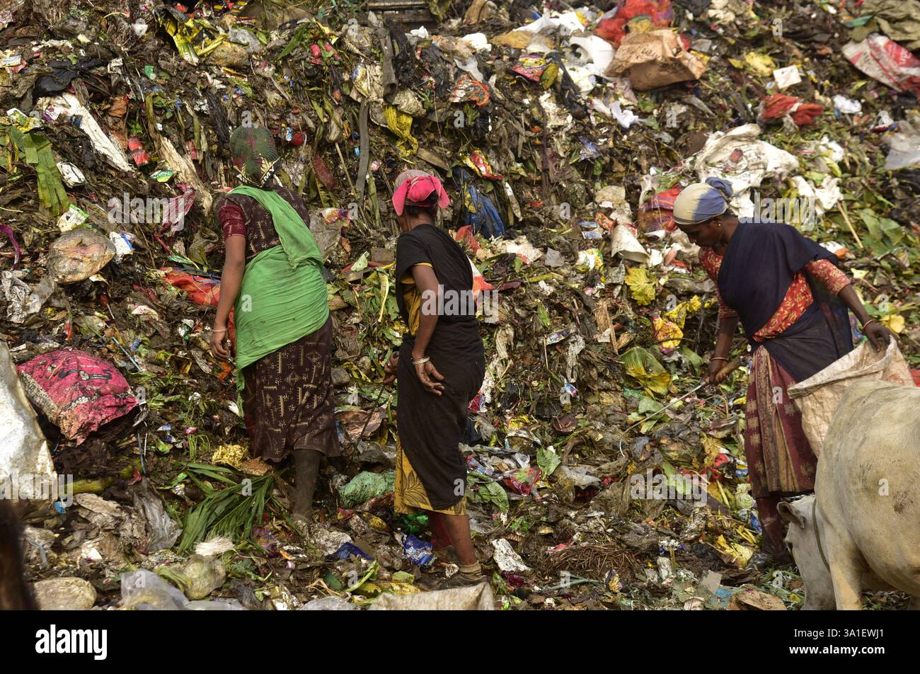 Guwahati, Guwahati, India. 8 marzo 2025. Le donne raccolgono il materiale di scarto da una discarica mentre il mondo celebra la giornata internazionale della donna oggi a Guwahati in India sabato 8 marzo 2025. Foto-DASARATH DEKA (Credit Image: © Dasarath Deka/ZUMA Press Wire) SOLO PER USO EDITORIALE! Non per USO commerciale! Foto Stock