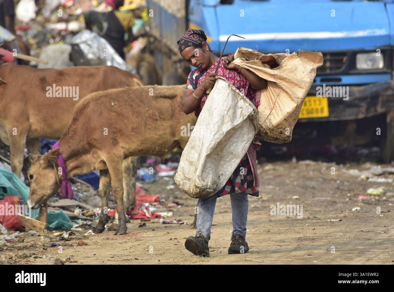Guwahati, Guwahati, India. 8 marzo 2025. Una donna raccoglitrice di rifiuti raccoglie il materiale di scarto da una discarica di rifiuti durante la giornata mondiale della donna a Guwahati in India sabato 8 marzo 2025. Foto-DASARATH DEKA (Credit Image: © Dasarath Deka/ZUMA Press Wire) SOLO PER USO EDITORIALE! Non per USO commerciale! Foto Stock