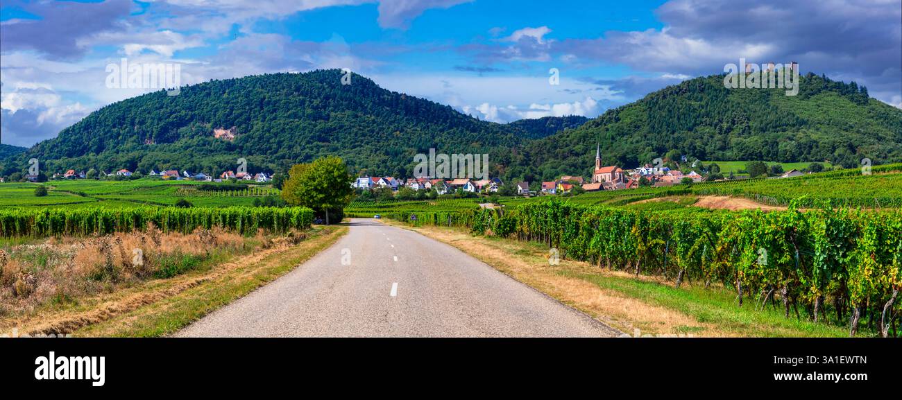 Regione dell'Alsazia in Francia - famosa strada del vino, famose destinazioni turistiche. Splendidi vigneti e villaggio tradizionale Husseren les chateaux Foto Stock
