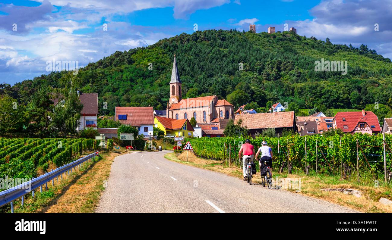 Regione francese dell'Alsazia - famosa "strada del vino" e destinazioni turistiche popolari. Splendidi vigneti e villaggio tradizionale Husseren les chateaux Foto Stock