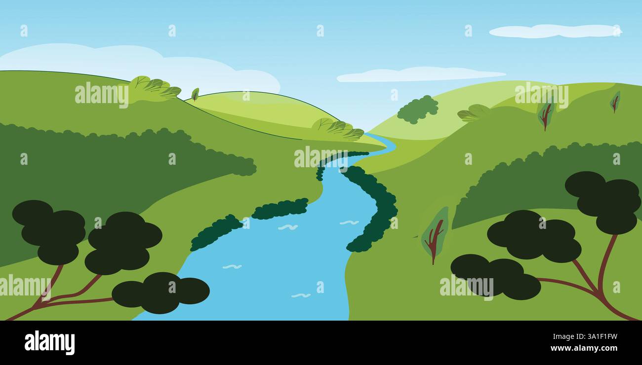 Carta da parati con il fiume che galleggia tra le colline; illustrazione vettoriale del paesaggio con cielo , nuvole , colline , fiume Illustrazione Vettoriale