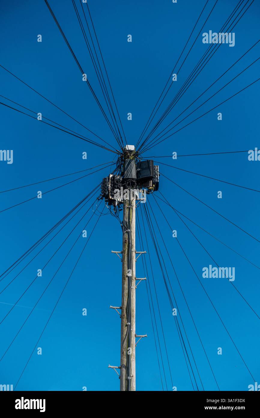Palo per telegrafo, telefono, banda larga, connessioni multiple, Virgin, Sky, BT Foto Stock