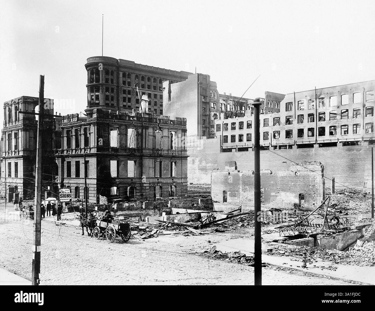 Edifici danneggiati lato est della Fifth Street tra Market Street e Mission Street dopo il terremoto, Lincoln Grammar School (estrema sinistra), Flood Building (centro con flagstaff), Emporium Department Store (rovinato all'estrema destra in Market Street), San Francisco, California, USA, U.S. Army Signal Corps, aprile 1906 Foto Stock
