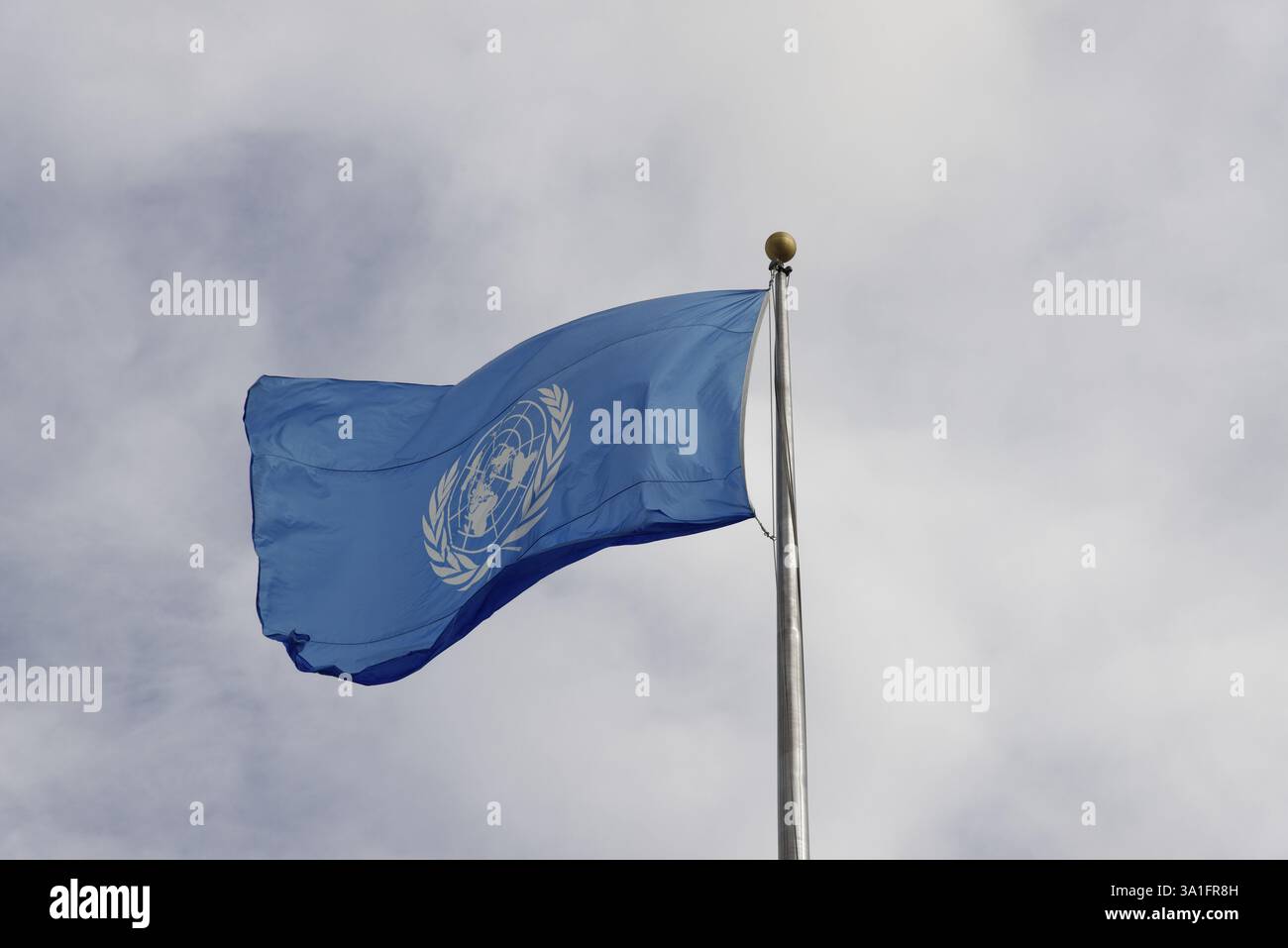 Sede delle Nazioni Unite, East River, Manhattan, una strada di bandiere degli stati membri delle Nazioni Unite accanto a una strada, New York City, New York, USA, bandiera blu di Foto Stock
