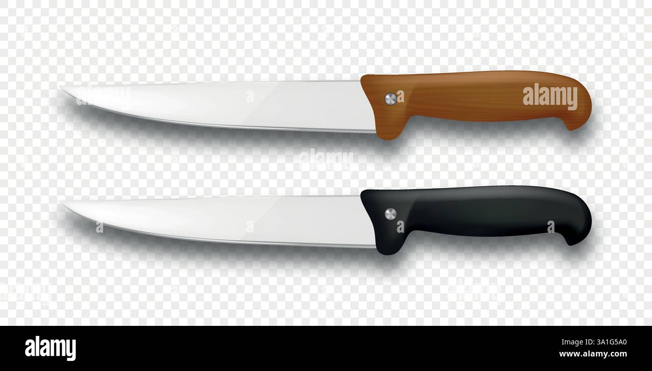 Set di coltelli da cucina 3d Vector realistici, isolati. Chef, coltello multiuso, lame affilate in acciaio inox con manico in legno e nero. Utensili da cucina Illustrazione Vettoriale