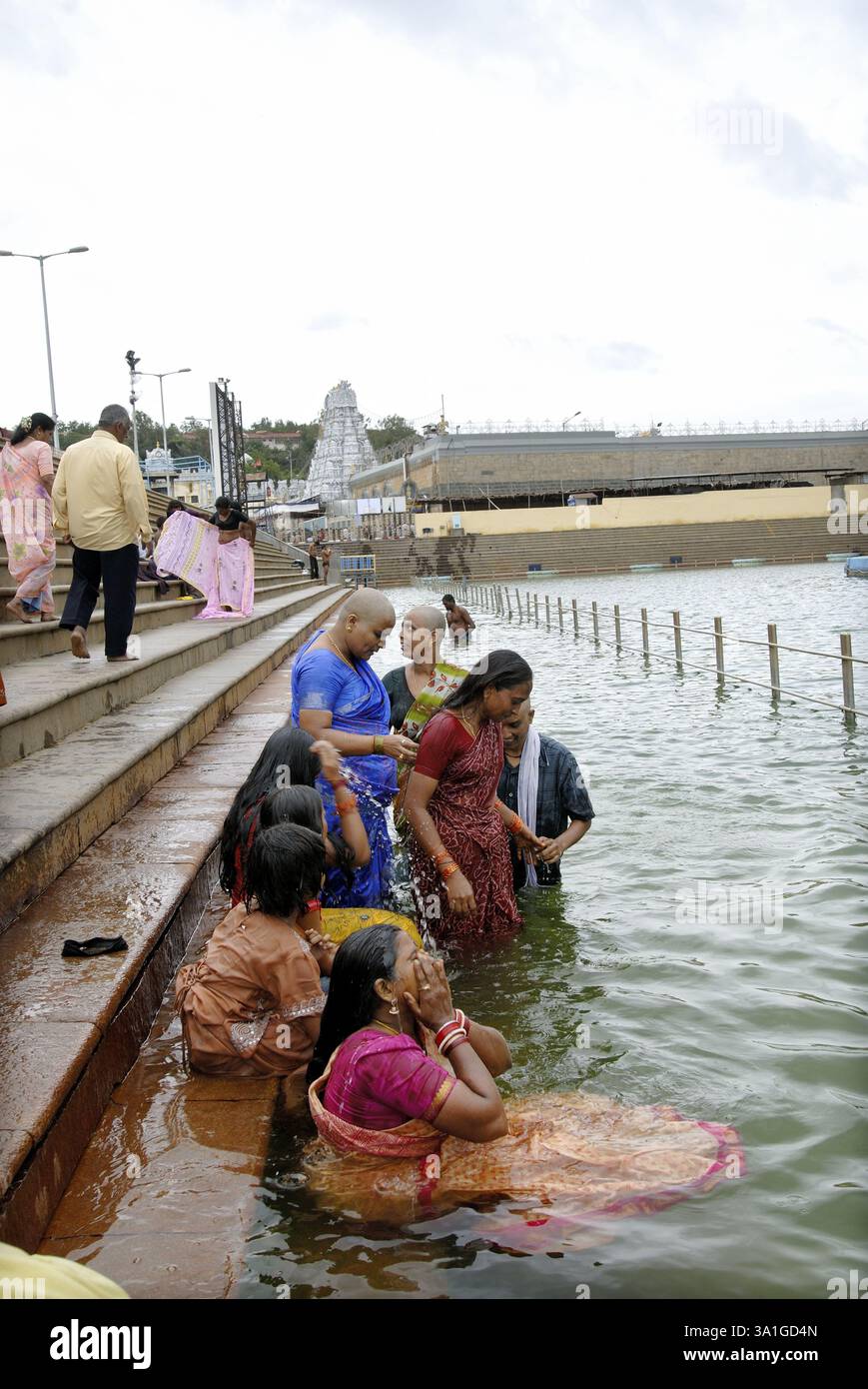 Devoti che bagnano la vasca sacra (Pushkarini) a Tirumalai, Tirupati, Andhra Pradesh, India, Asia Foto Stock
