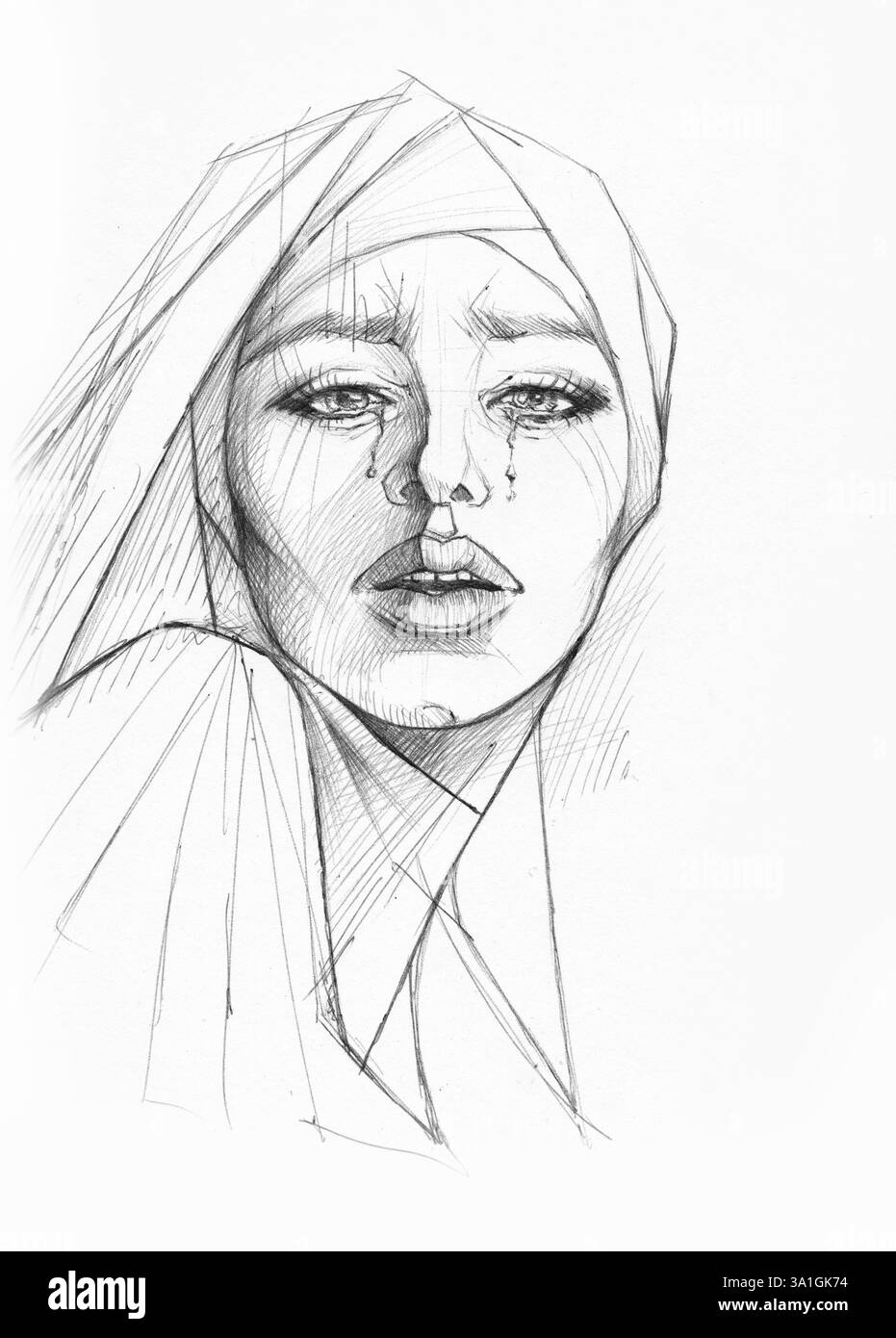 BIC pen sketch della faccia di una suora che piange Foto Stock