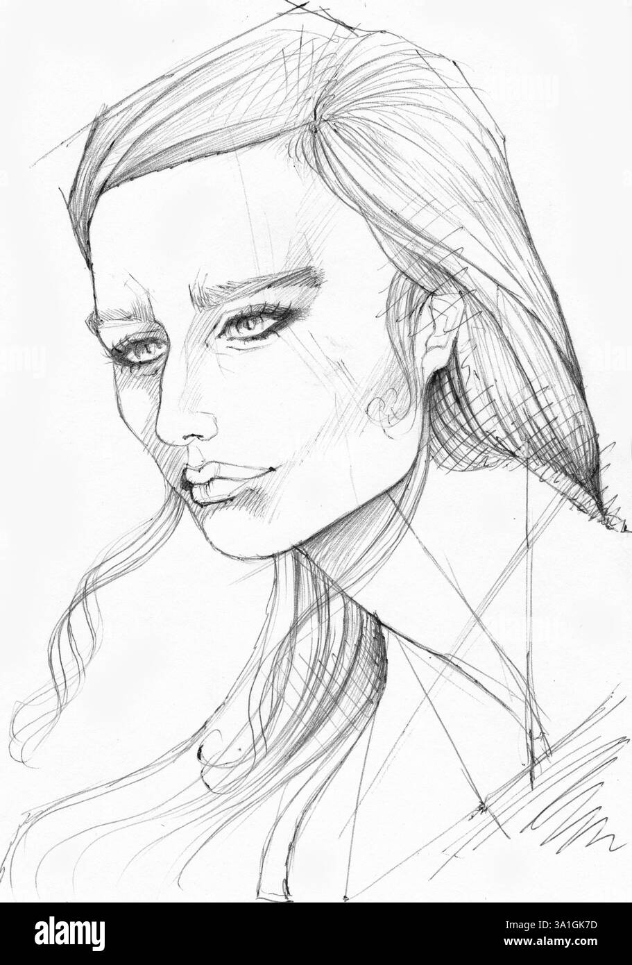 BIC pen sketch di una donna con una bellezza androgina Foto Stock