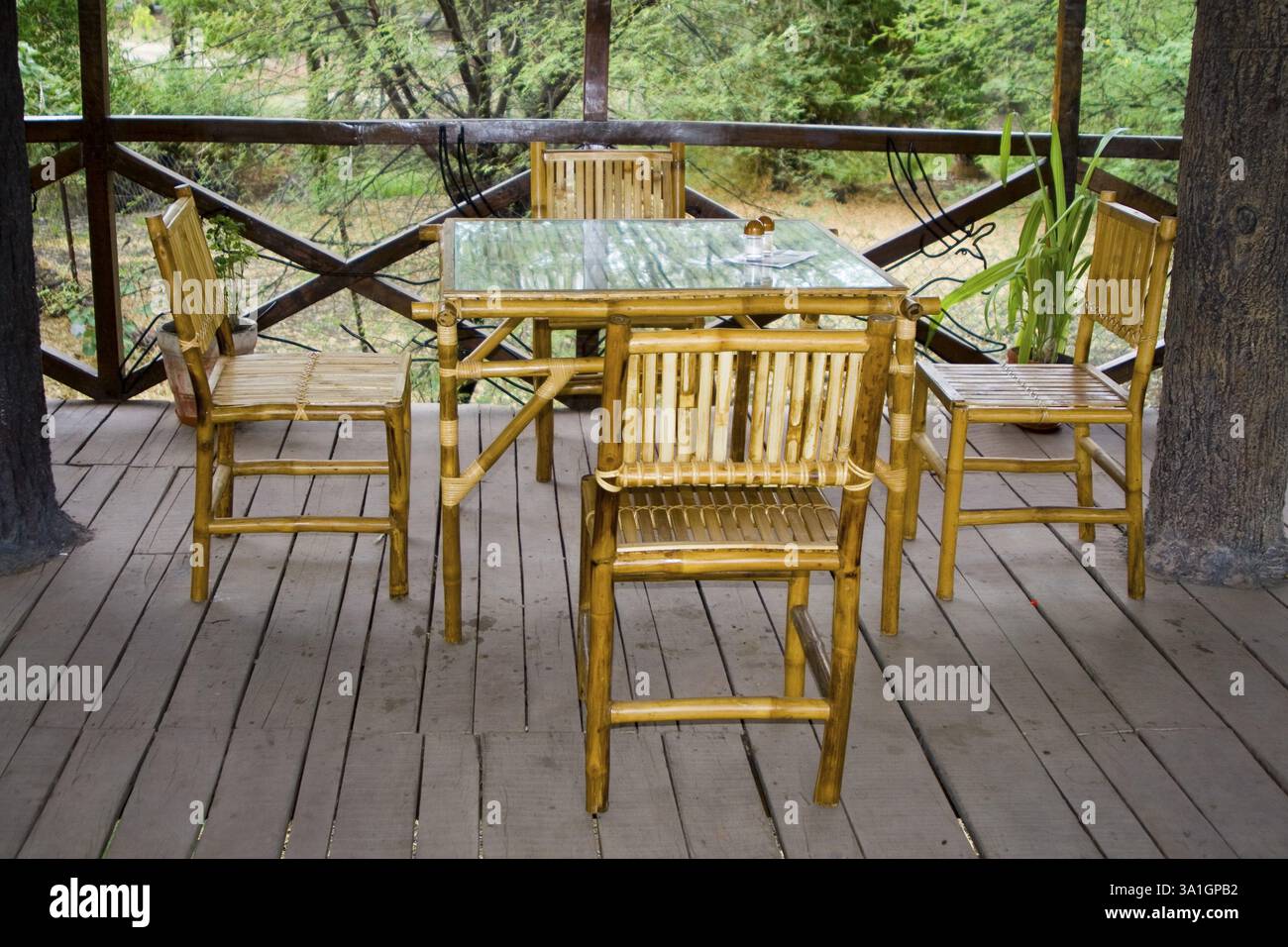 Sedie di bambù e tavolo allo zoo di Bhopal, Madhya Pradesh, India, Asia Foto Stock