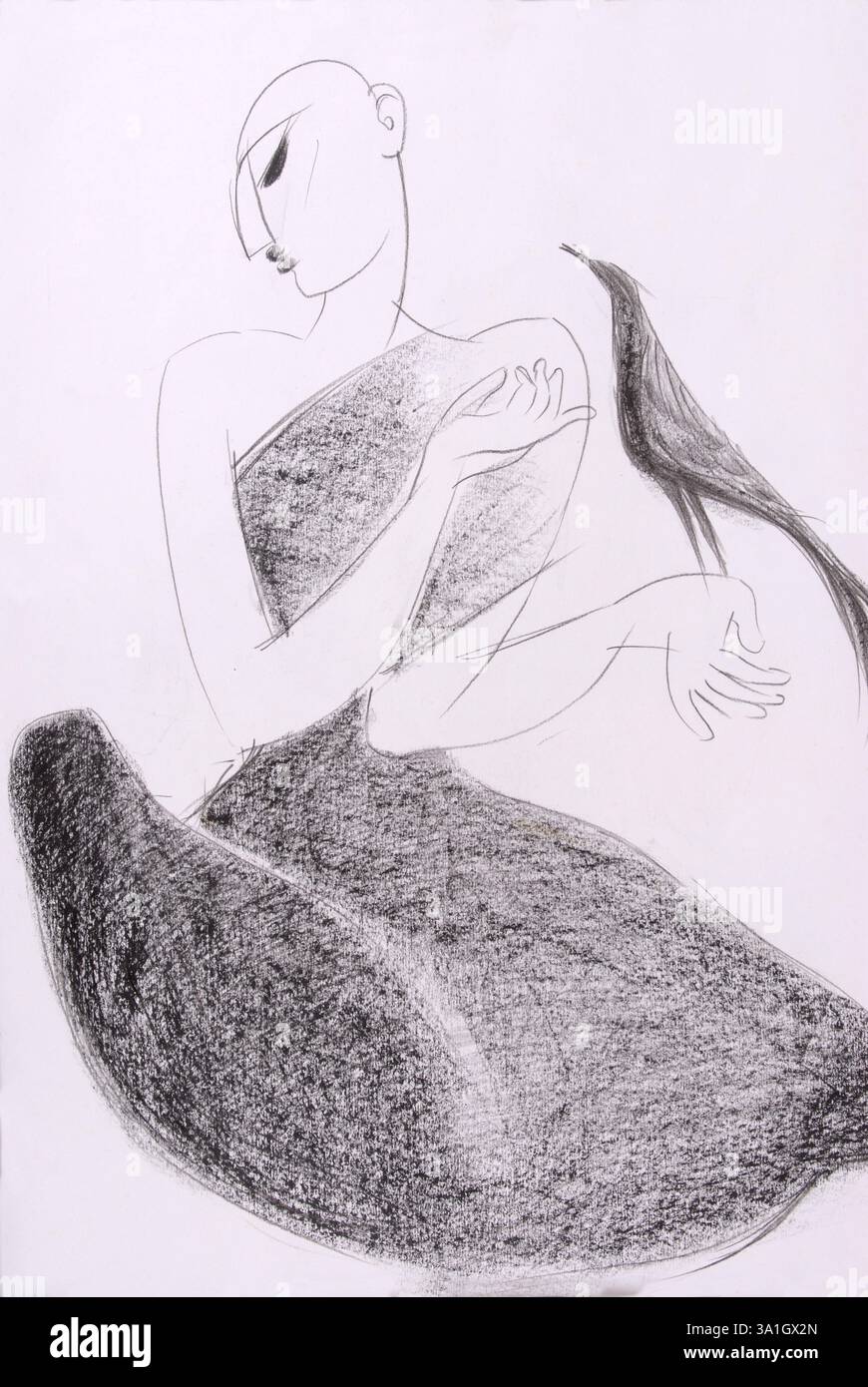 Uomo con cucù, carbone che disegna su carta Foto Stock