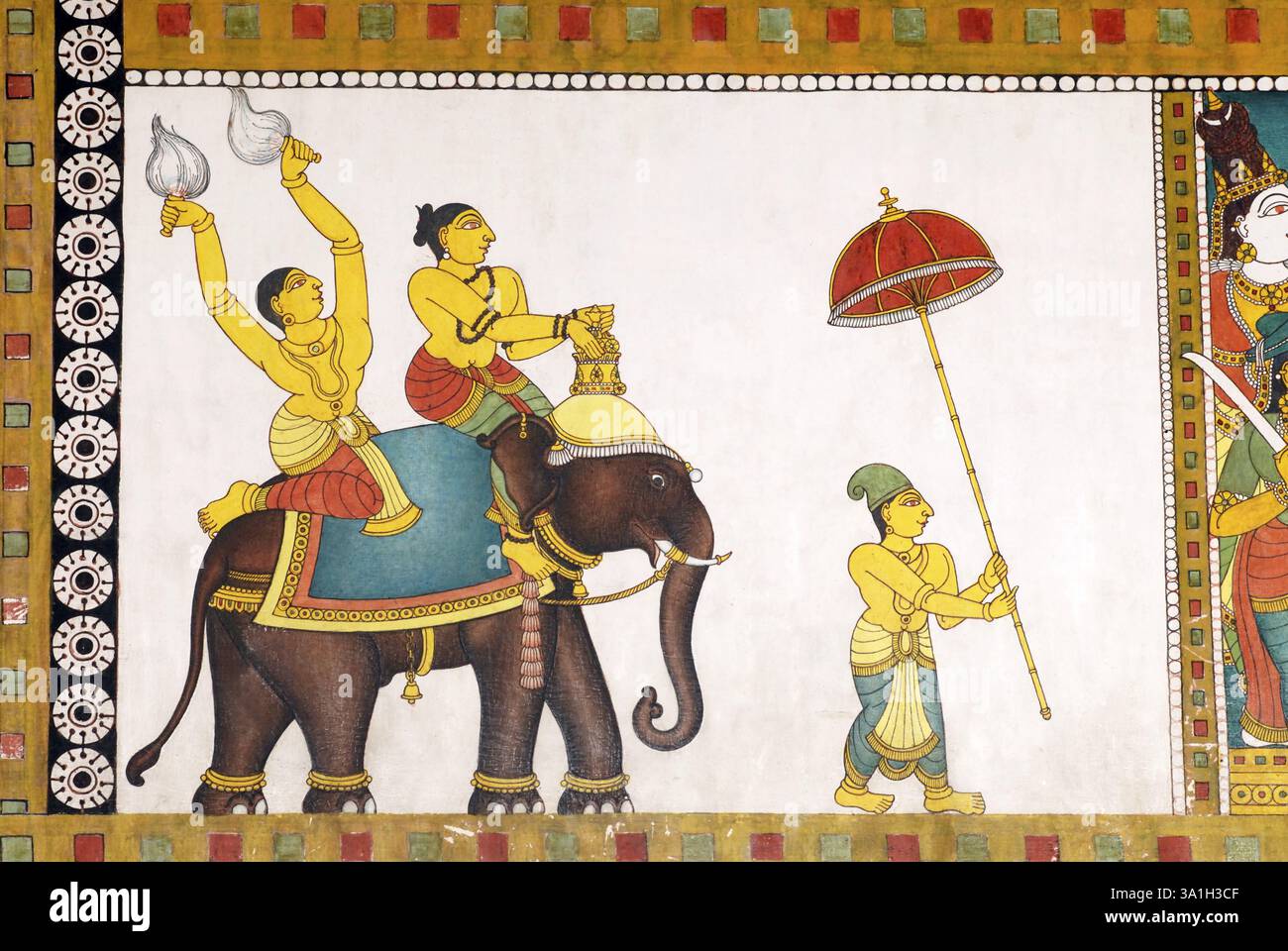 Giro in elefante, pittura a mano con colori naturali sulle pareti di Mandapam al tempio Shree Meenakshi Sundareswarar, Madurai, Tamil Nadu, India, Asia Foto Stock